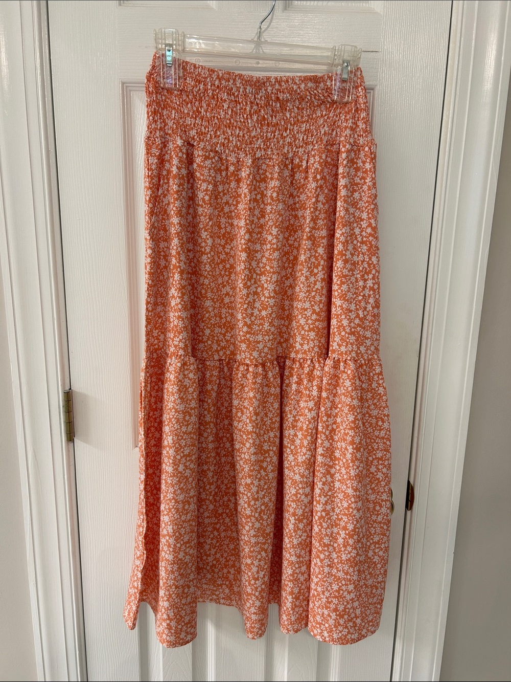 Orange Floral Tiered Smocked Waist Maxi Skirt